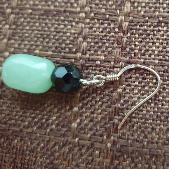 Pretty Vintage 925 Sterling Silver Aventurine & Black Glass Bead Dangle Earrings - Picture 8 of 14